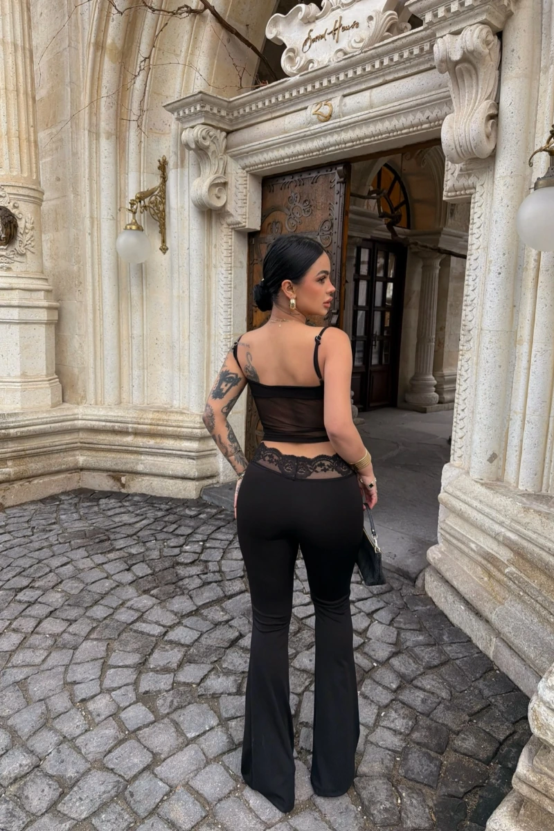 Siyah Güpür Detaylı Tayt İkili Takım