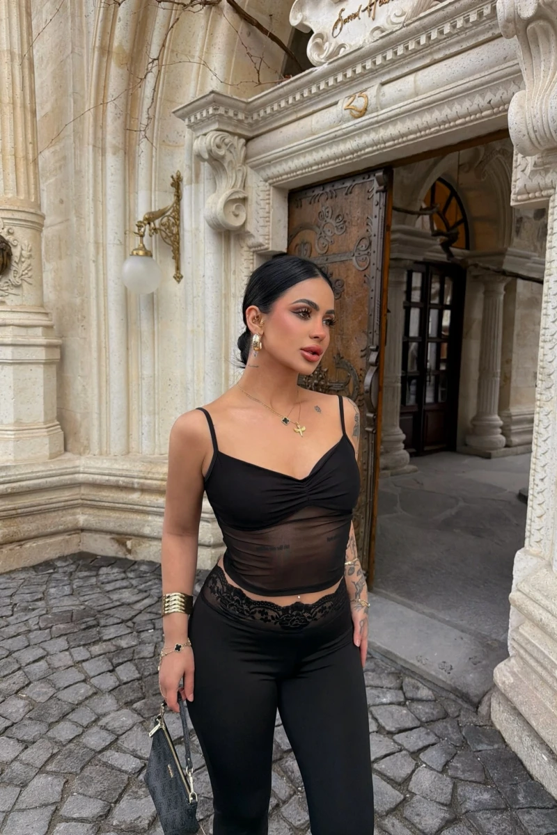 Siyah Güpür Detaylı Tayt İkili Takım