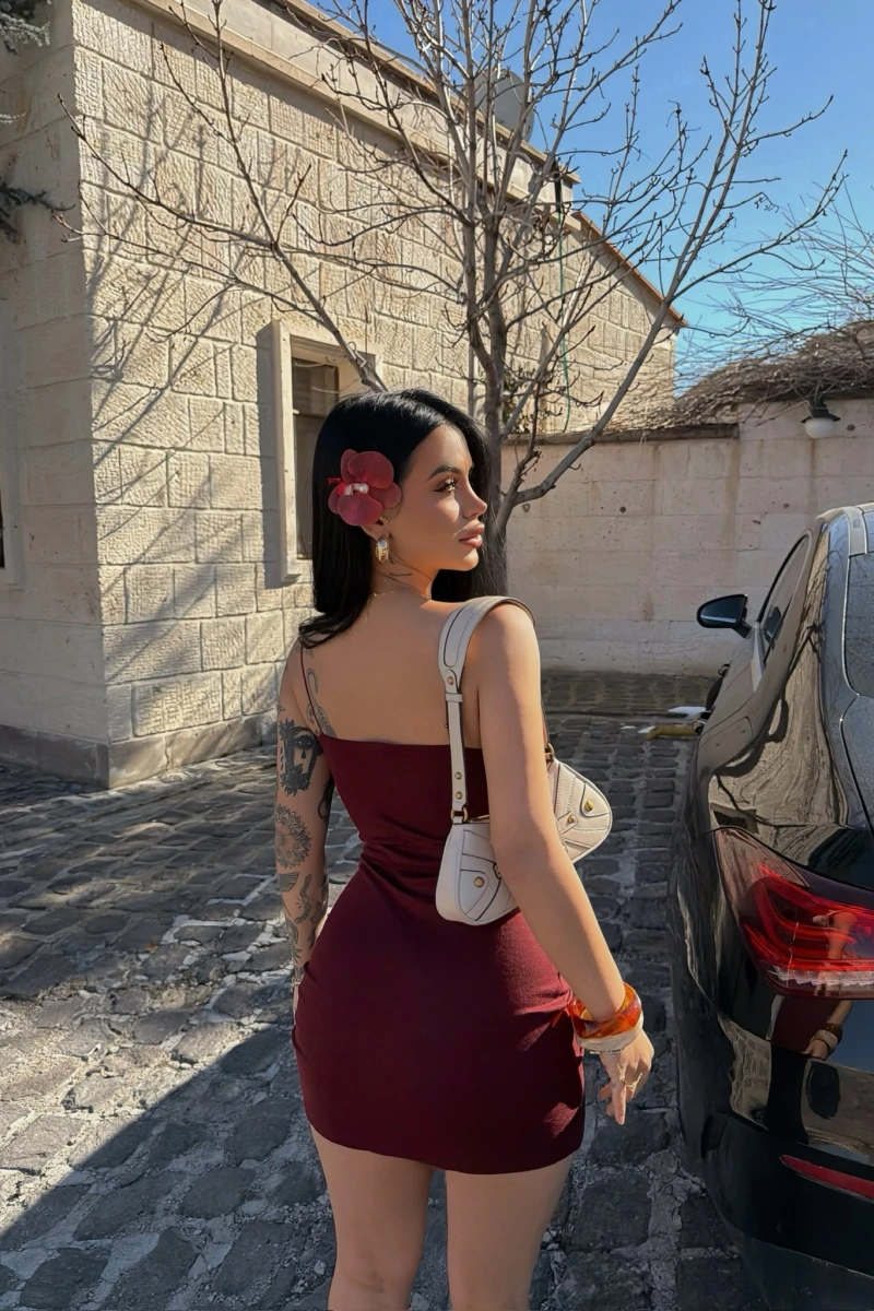 Bordo İp Askılı Basic Elbise