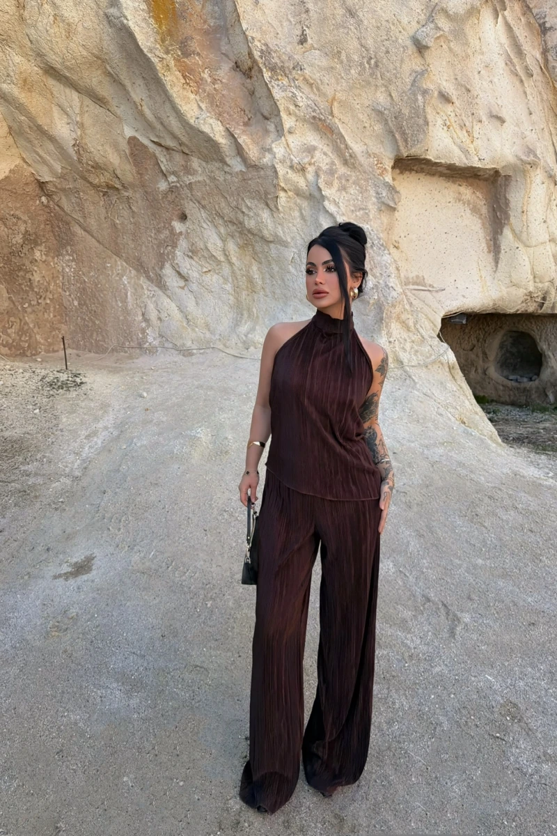 Kahve Sırt Dekolte Fitilli Takım