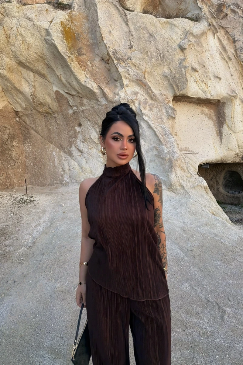 Kahve Sırt Dekolte Fitilli Takım