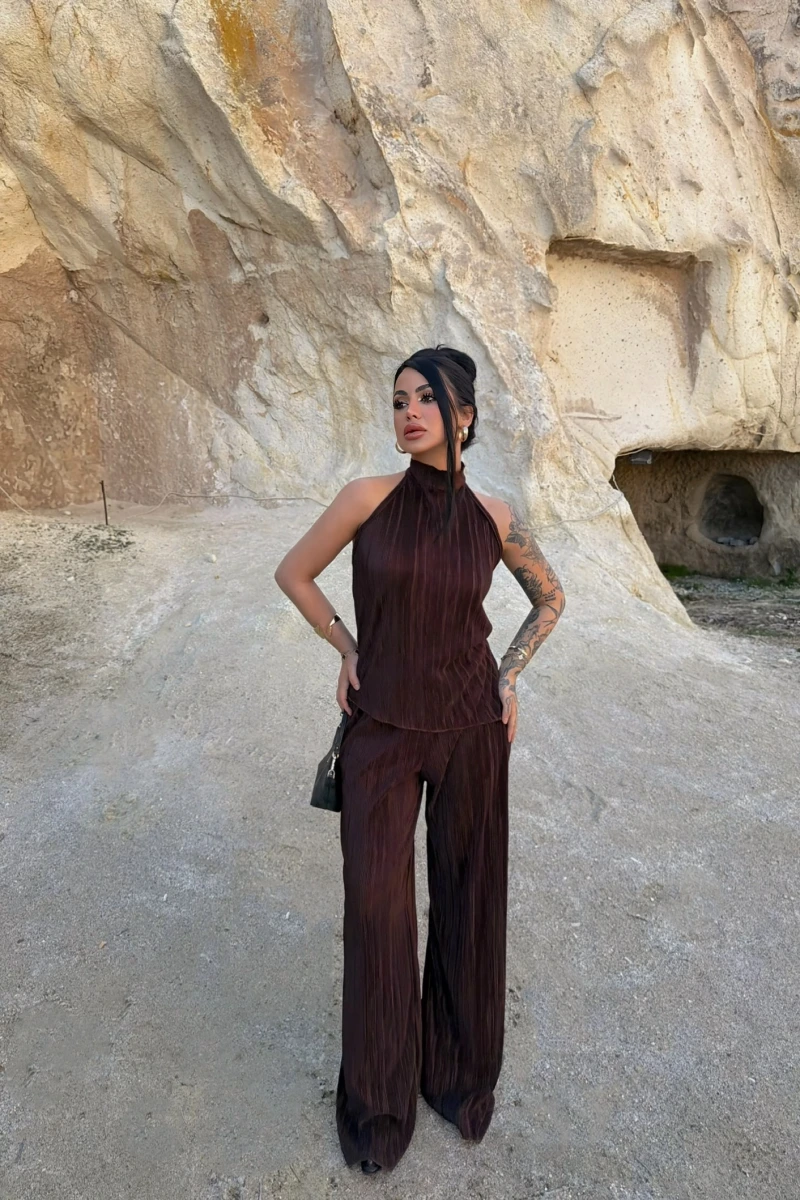 Kahve Sırt Dekolte Fitilli Takım