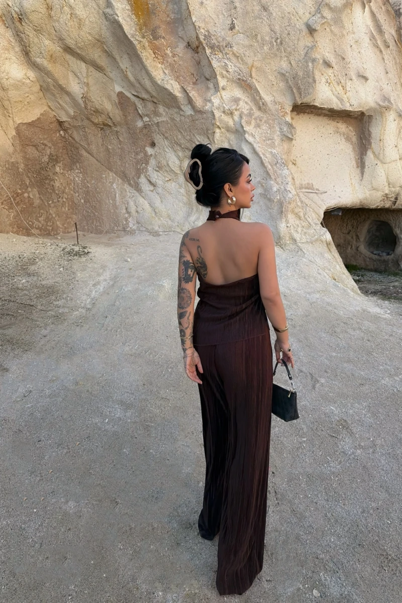 Kahve Sırt Dekolte Fitilli Takım