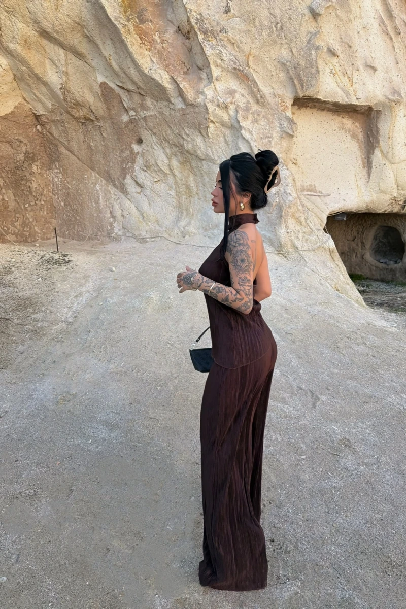 Kahve Sırt Dekolte Fitilli Takım