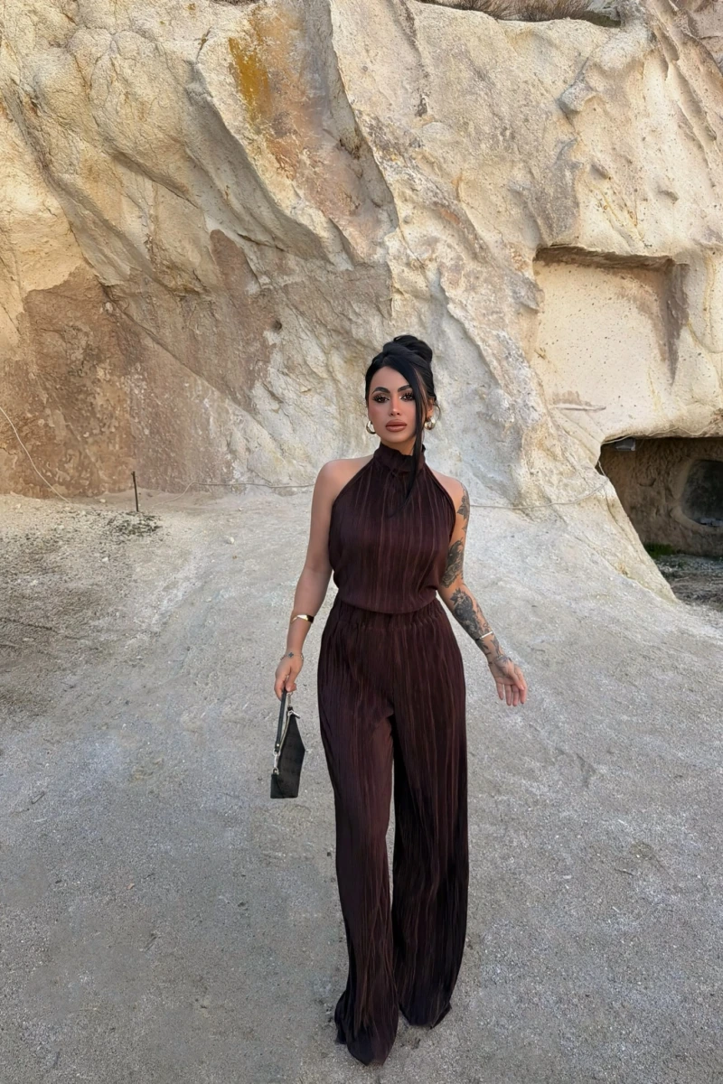 Kahve Sırt Dekolte Fitilli Takım