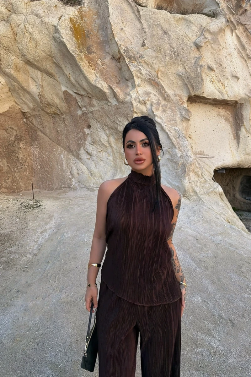 Kahve Sırt Dekolte Fitilli Takım