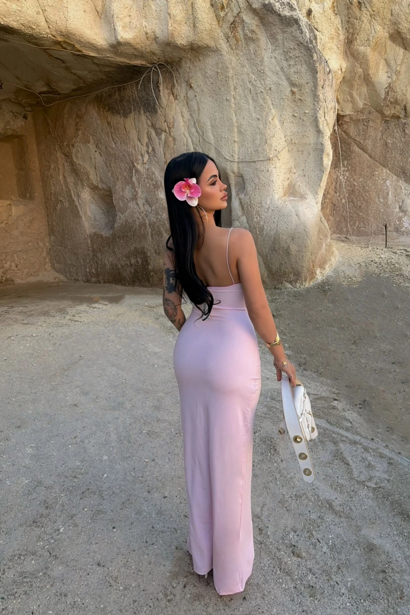 Pudra İp Askılı Maxi Basic Elbise