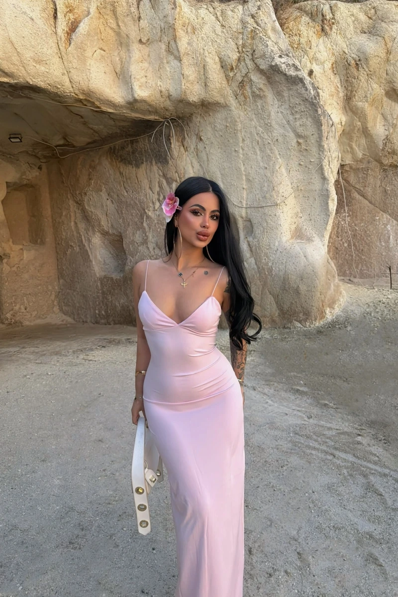 Pudra İp Askılı Maxi Basic Elbise