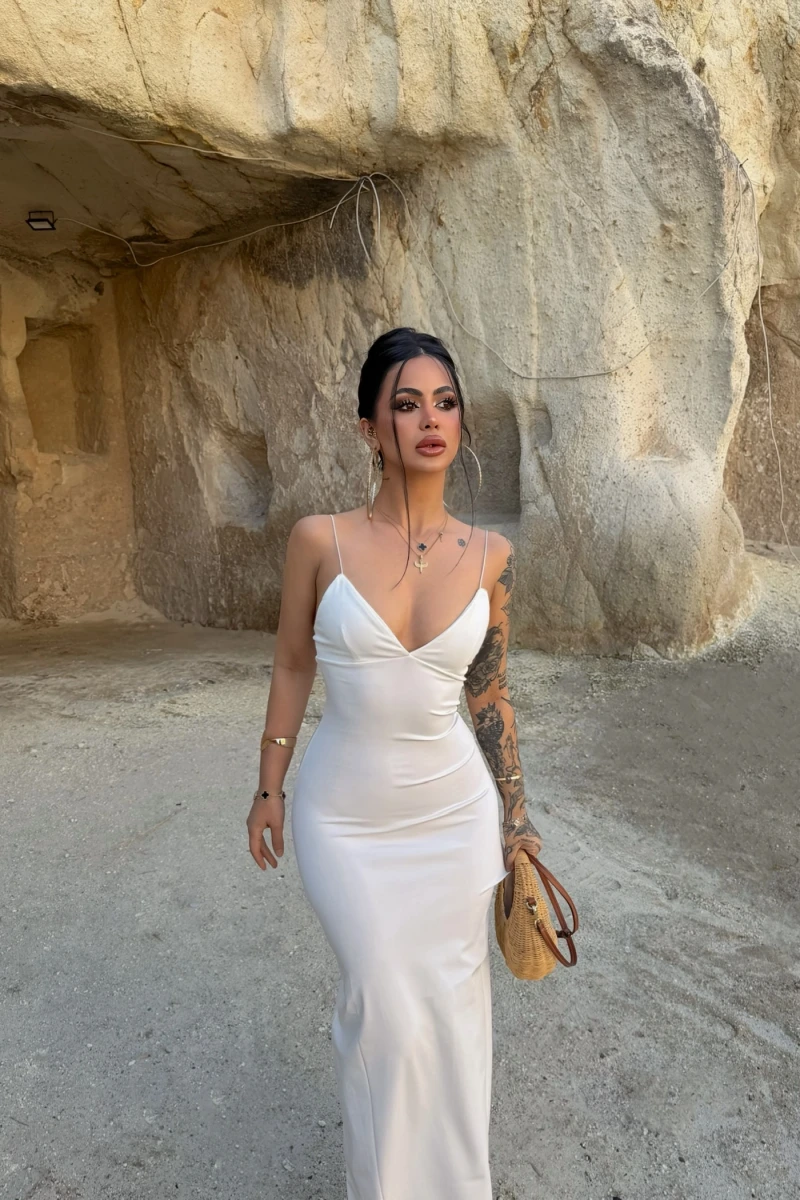 Beyaz İp Askılı Maxi Basic Elbise