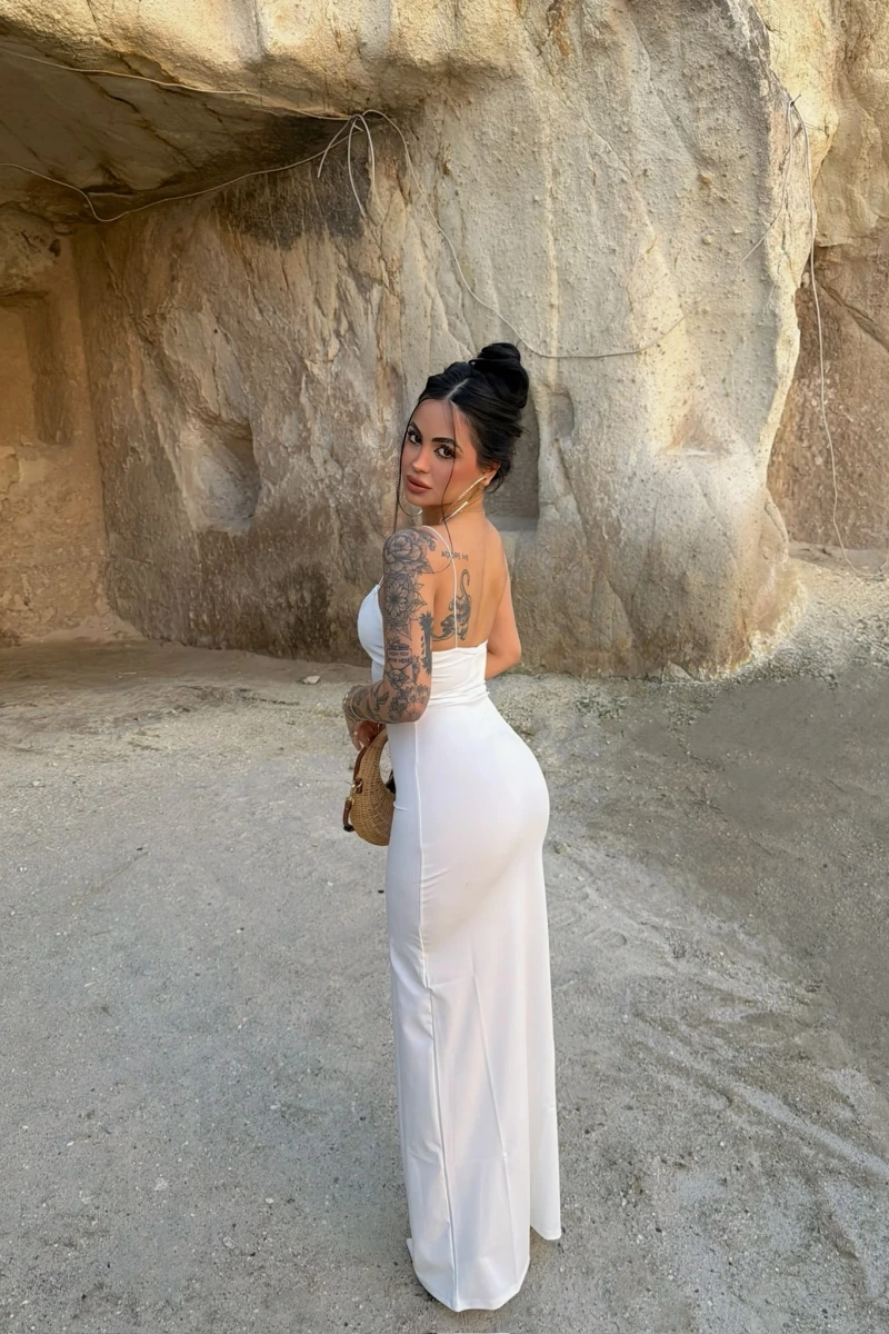 Beyaz İp Askılı Maxi Basic Elbise