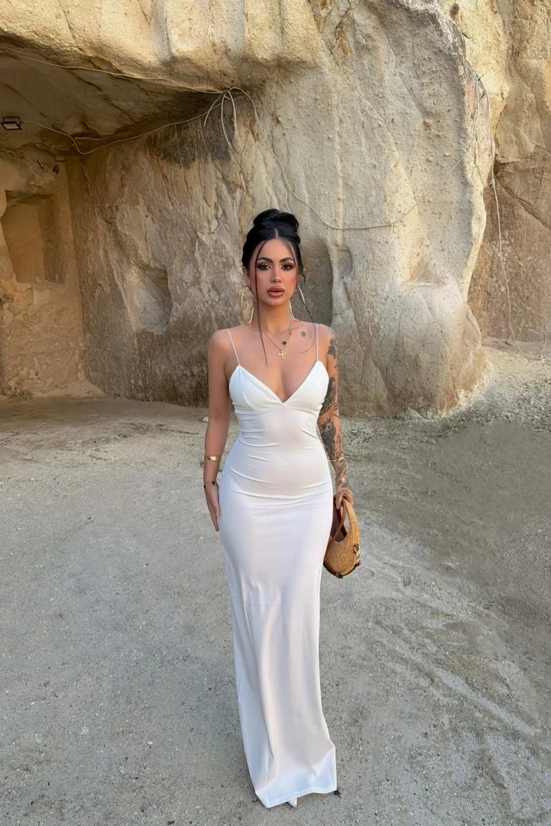 Beyaz İp Askılı Maxi Basic Elbise