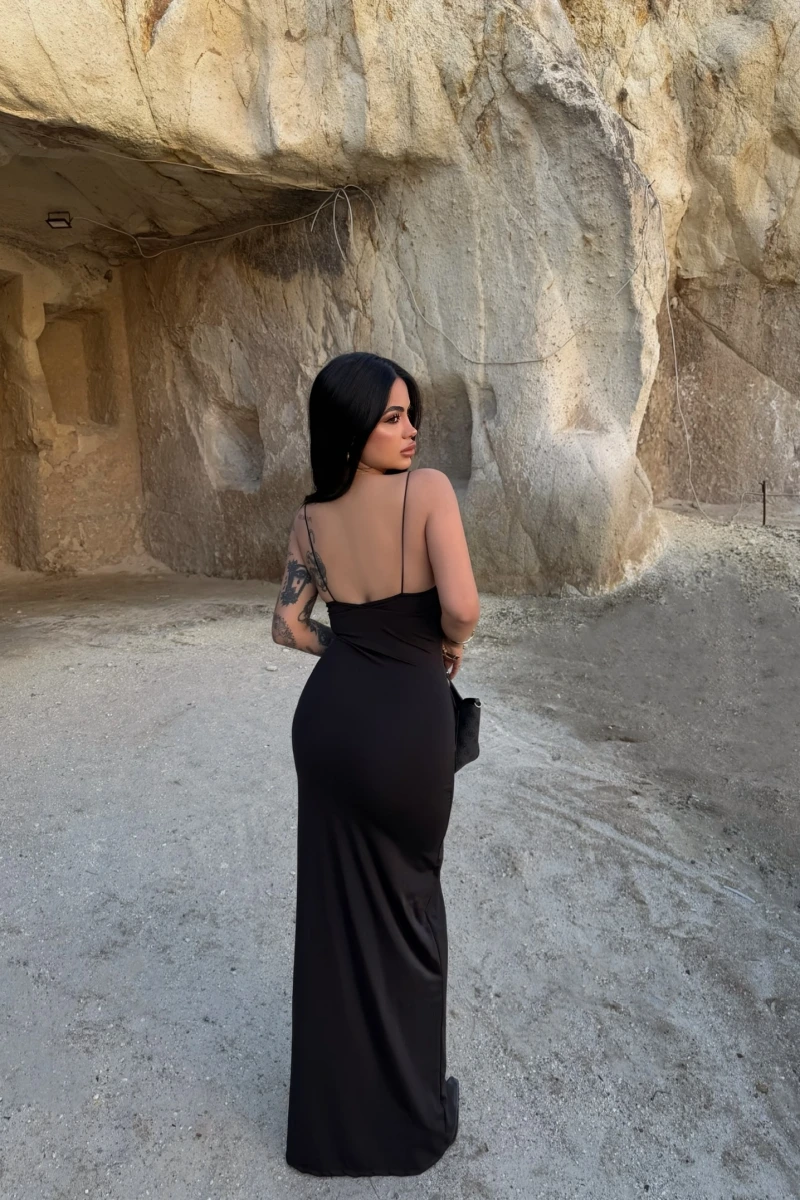 Siyah İp Askılı Maxi Basic Elbise