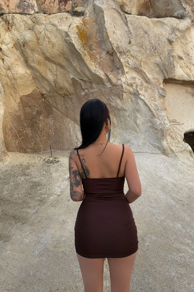 Kahve Askılı Bodycon Mini Elbise