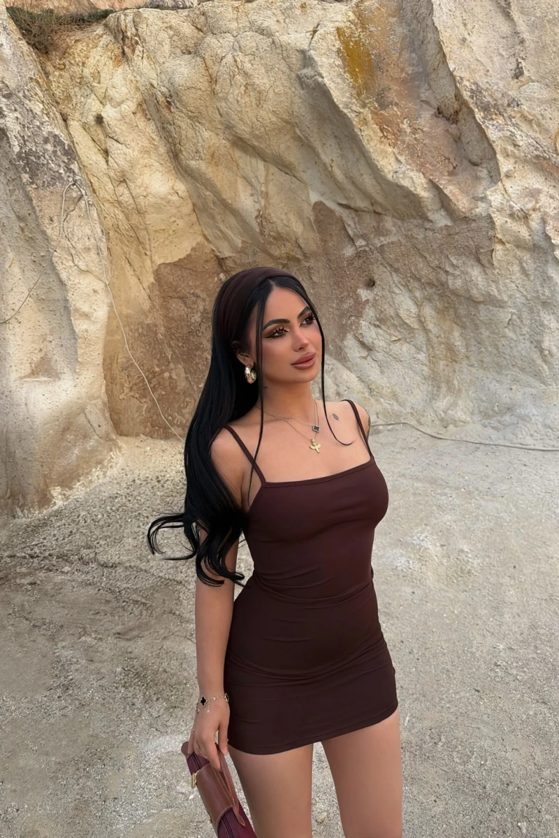 Kahve Askılı Bodycon Mini Elbise