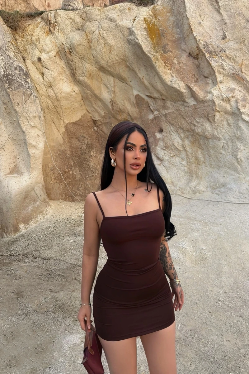 Kahve Askılı Bodycon Mini Elbise