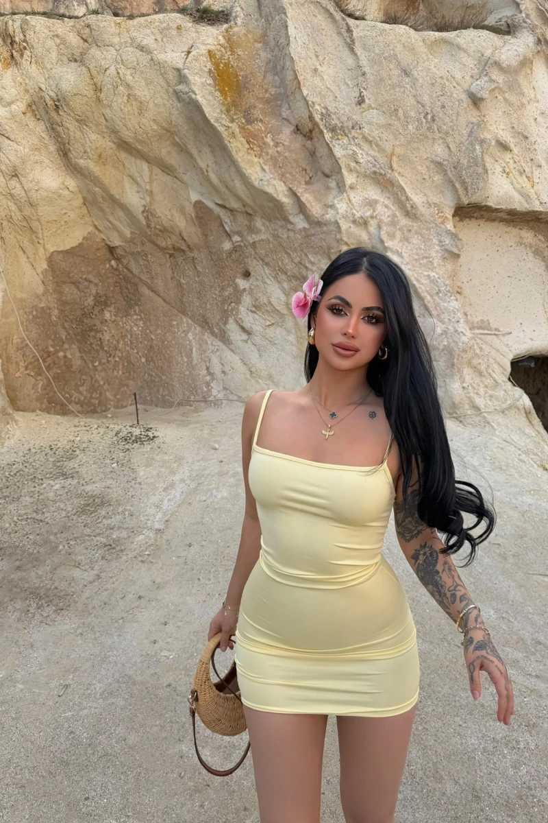 Sarı Askılı Bodycon Mini Elbise