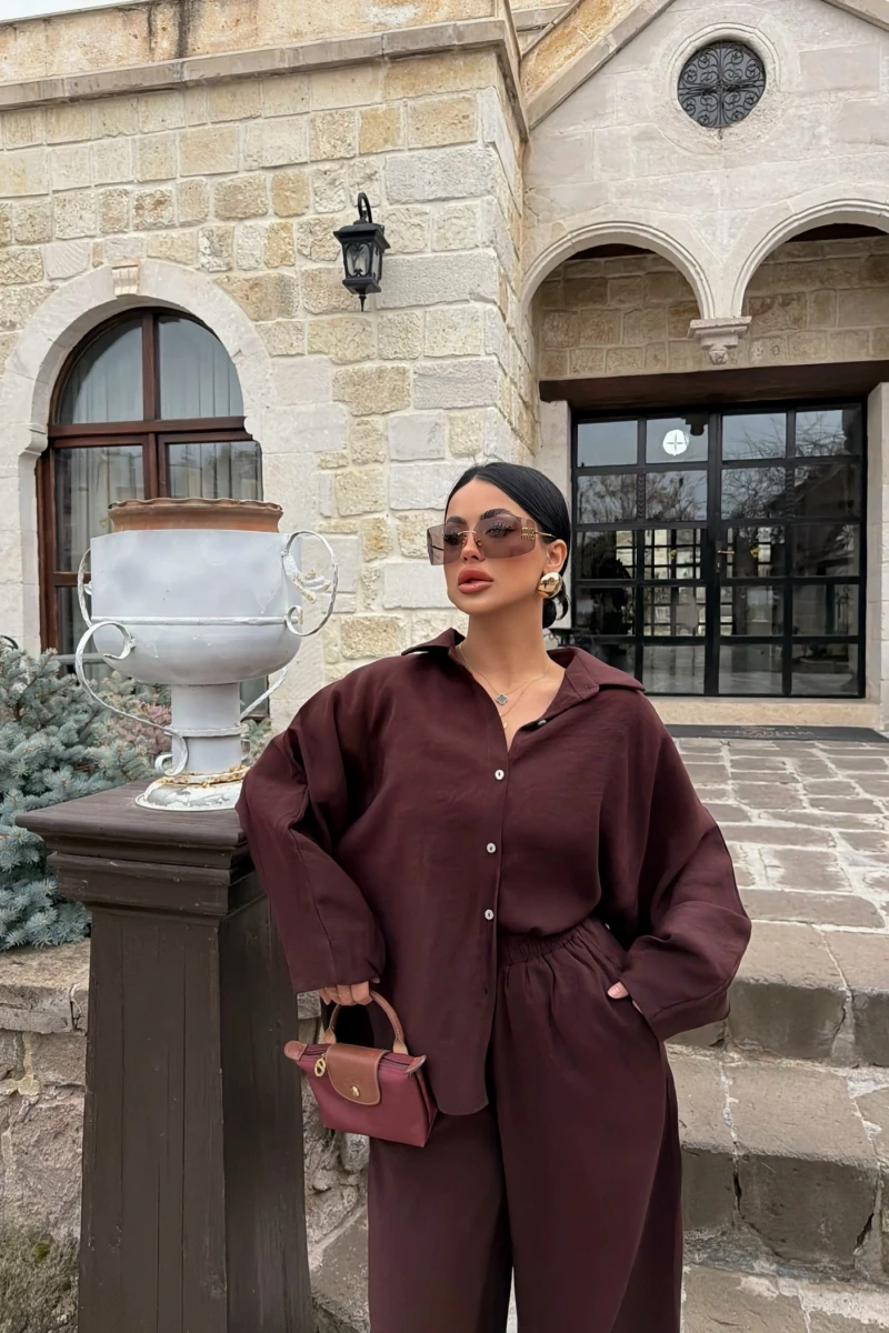 Kahve Modal Gömlek Pantolon İkili Takım