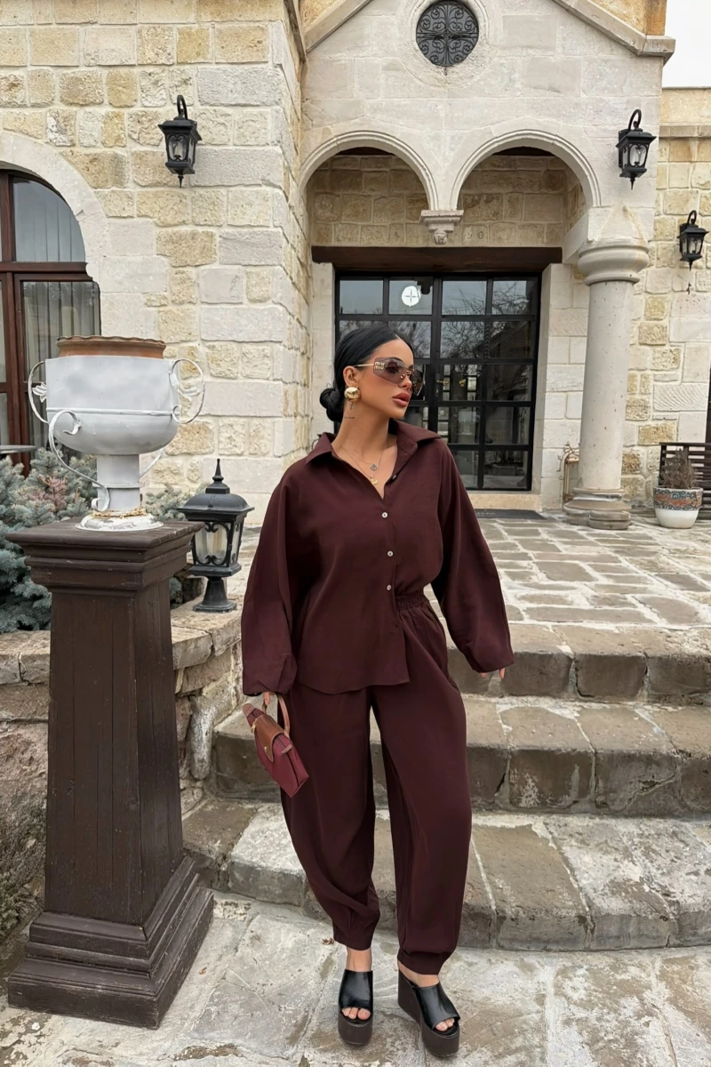 Kahve Modal Gömlek Pantolon İkili Takım
