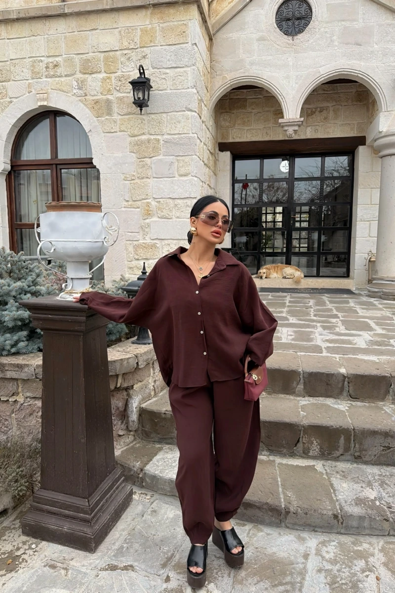 Kahve Modal Gömlek Pantolon İkili Takım
