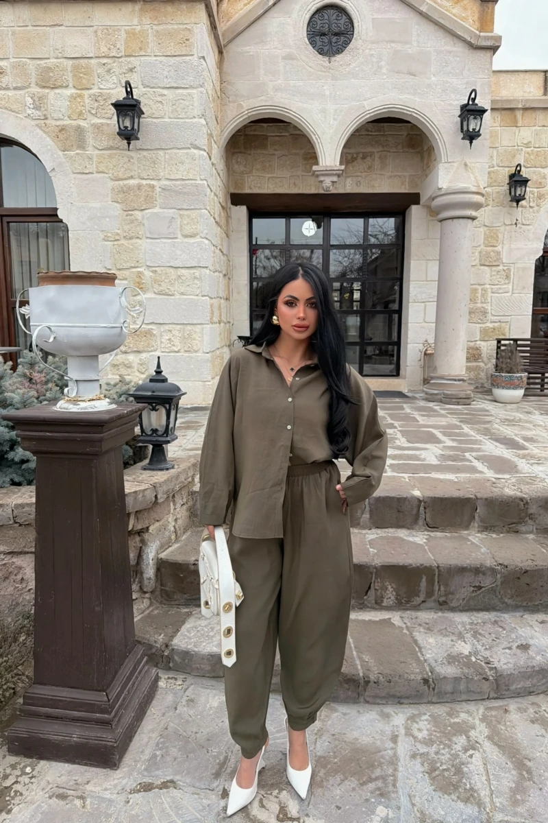 Haki Modal Gömlek Pantolon İkili Takım