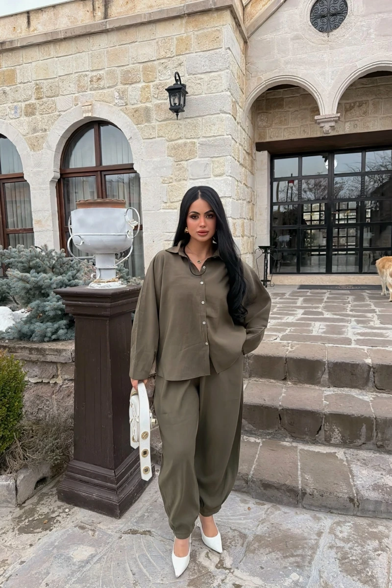 Haki Modal Gömlek Pantolon İkili Takım