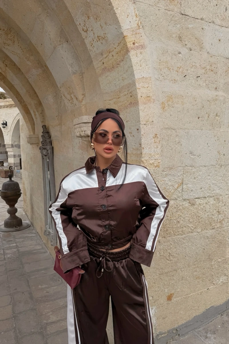Kahve Saten Eşofman İkili Takım