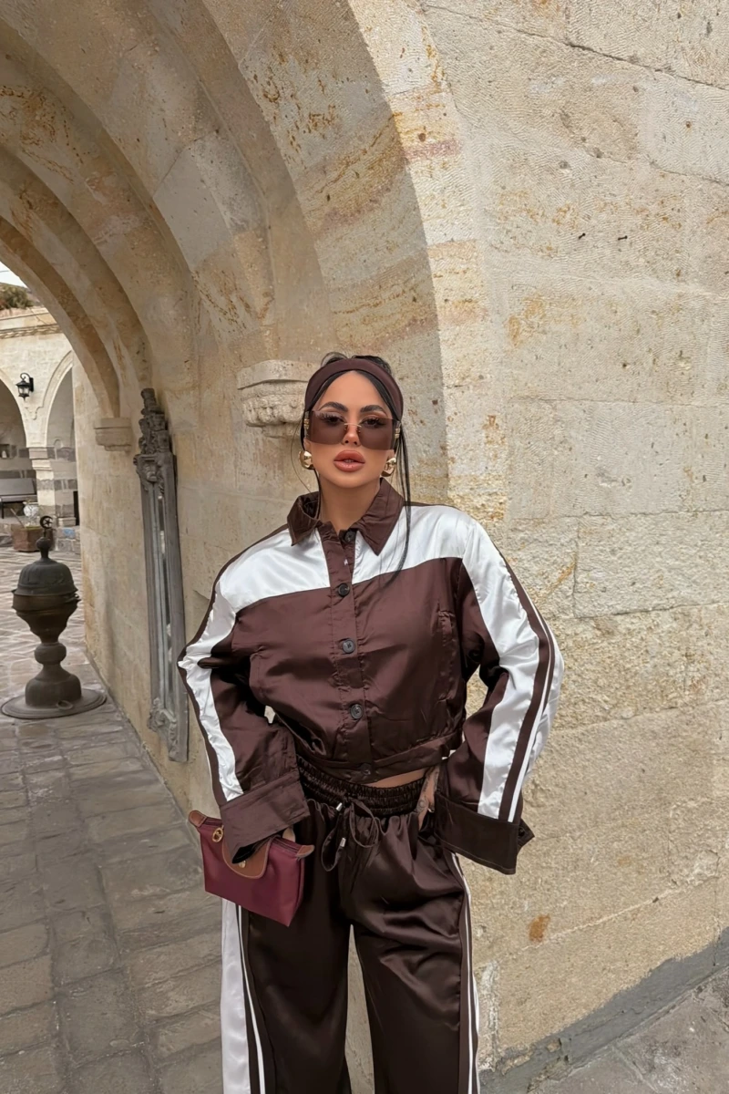 Kahve Saten Eşofman İkili Takım