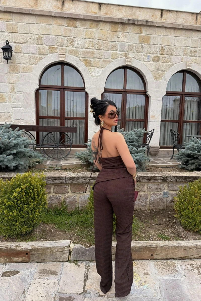 Kahve Yaka Aksesuarlı İkili Takım