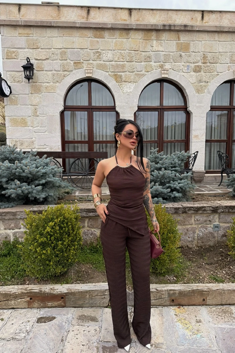 Kahve Yaka Aksesuarlı İkili Takım