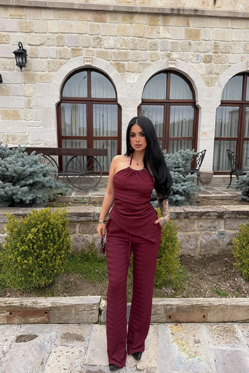 Bordo Yaka Aksesuarlı İkili Takım