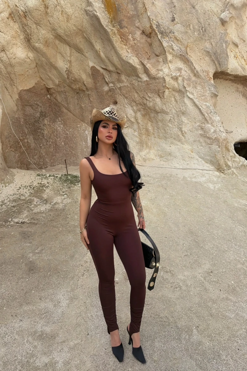 Kahve Askılı Basic Slim Tulum