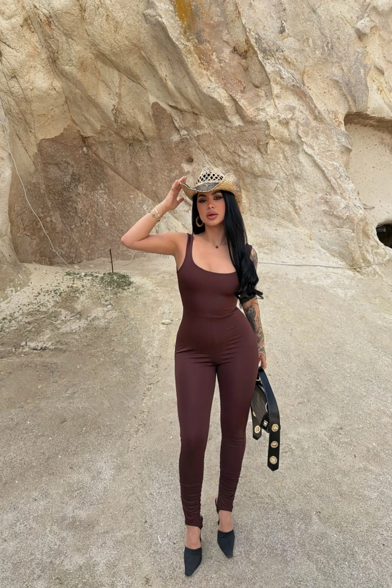 Kahve Askılı Basic Slim Tulum