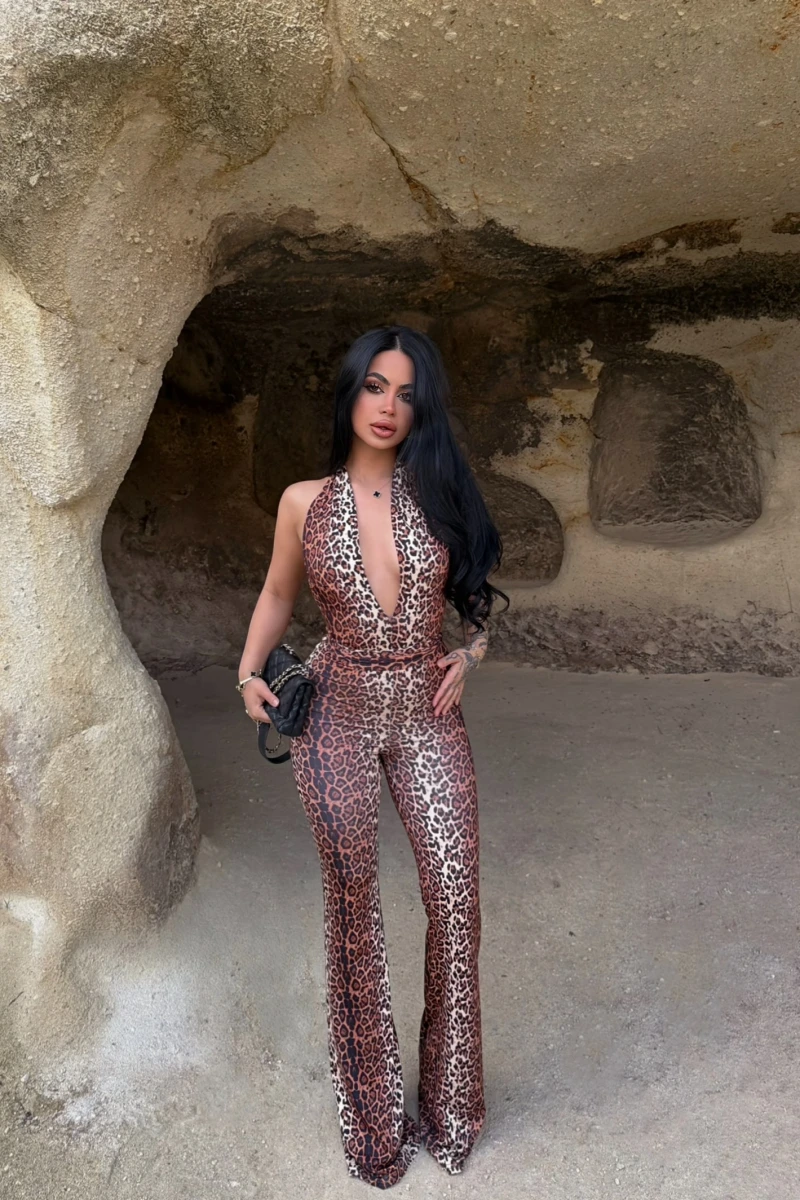 Leopar Boyundan Geçmeli Toparlayıcı Tulum
