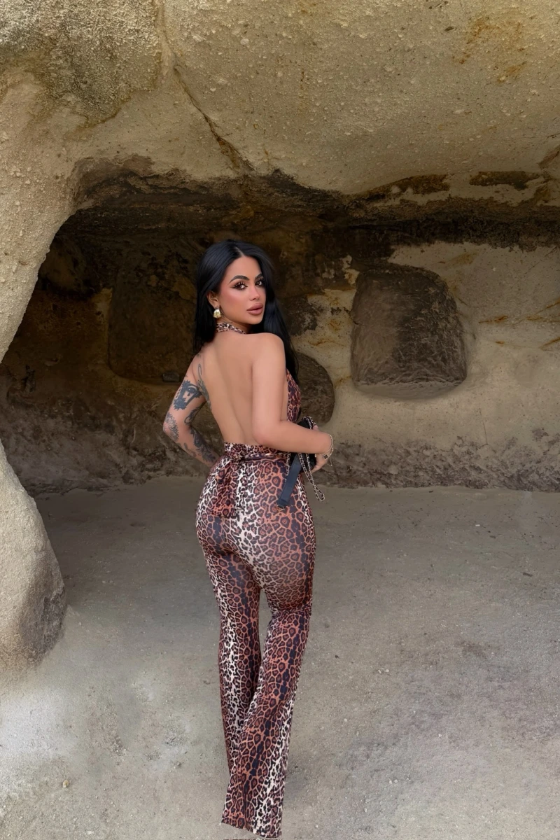 Leopar Boyundan Geçmeli Toparlayıcı Tulum