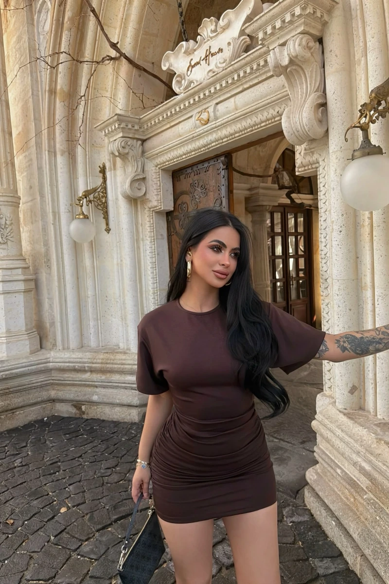 Kahve Büzgülü Modal Elbise