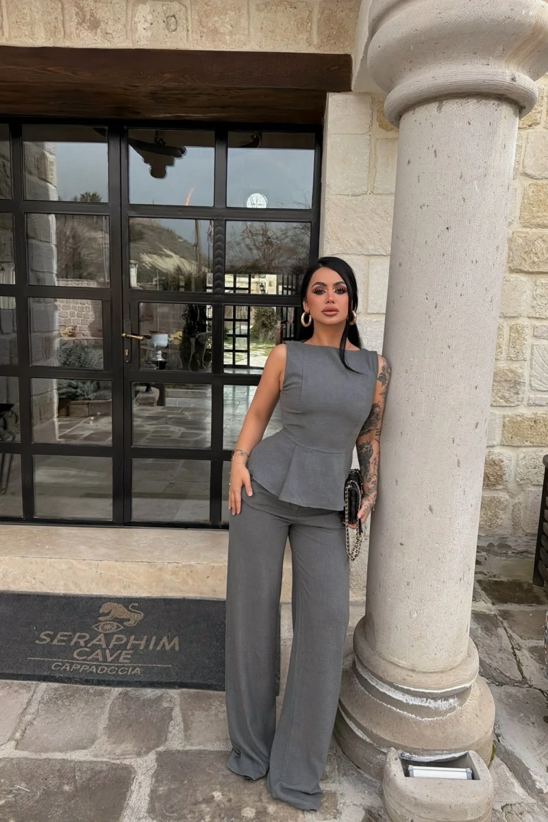 Gri Sıfır Kol Belden Oturtmalı Takım