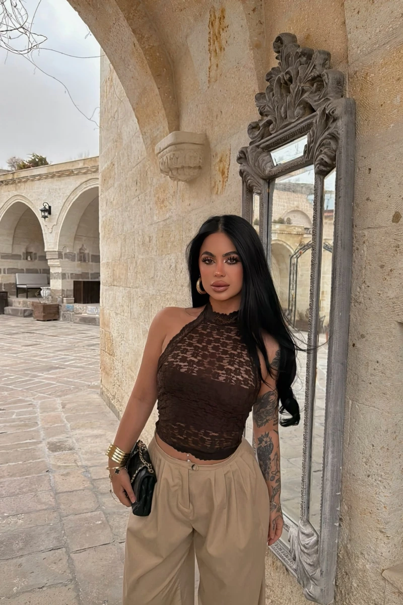 Kahve Bohem İçi Astarlı Dantel Crop