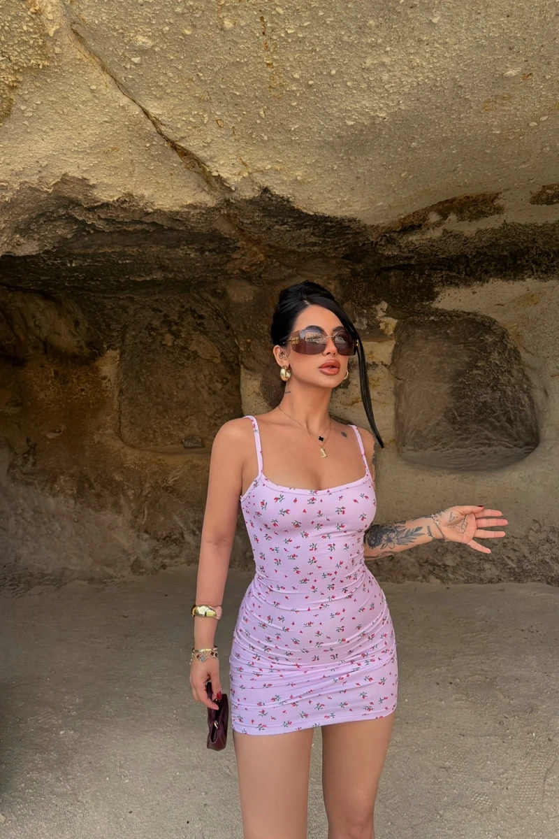 Lila Çiçek Desen İp Askılı Elbise