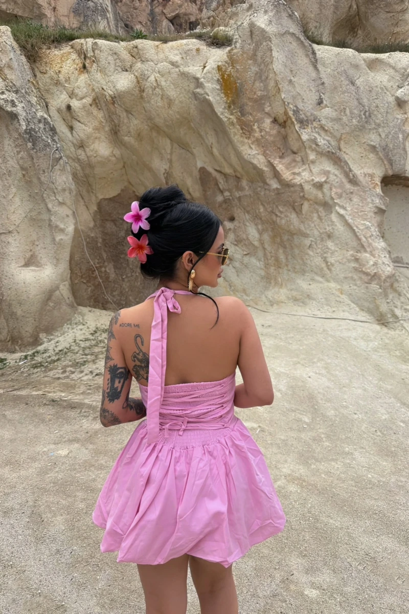 Pembe Boyundan Bağlamalı Balon Etekli Elbise