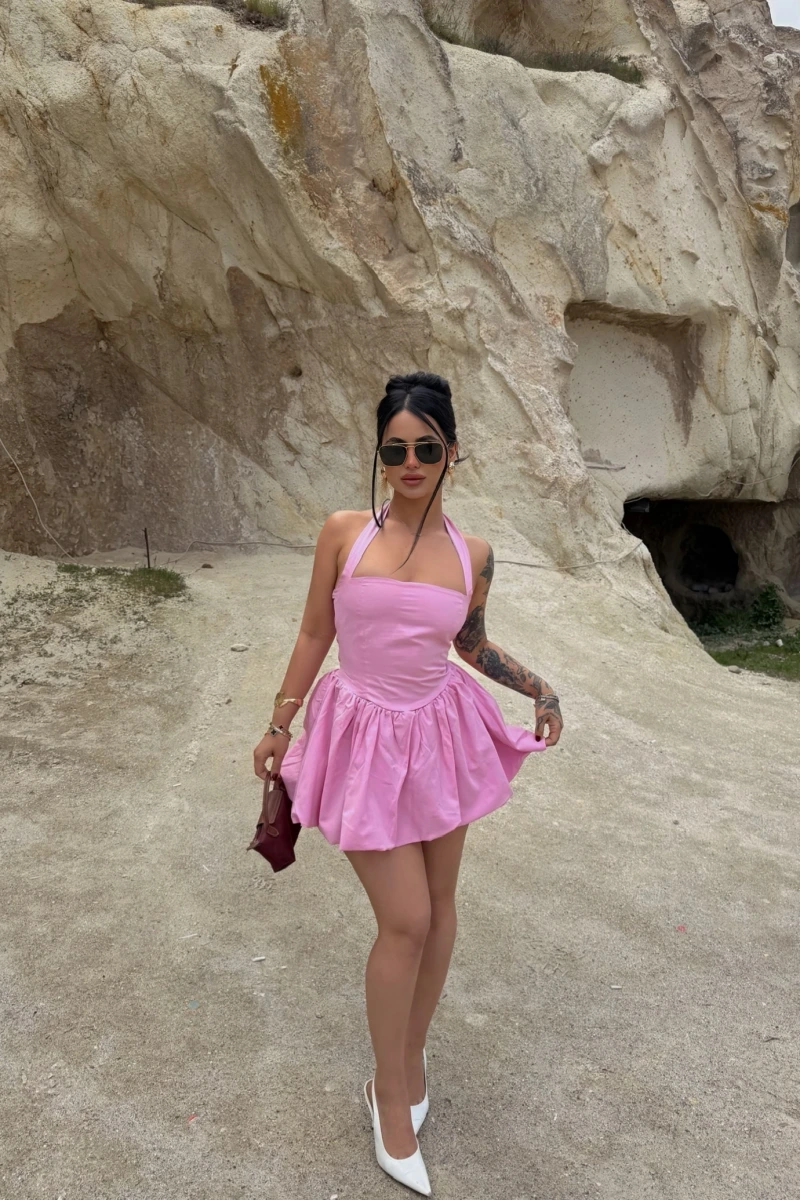 Pembe Boyundan Bağlamalı Balon Etekli Elbise