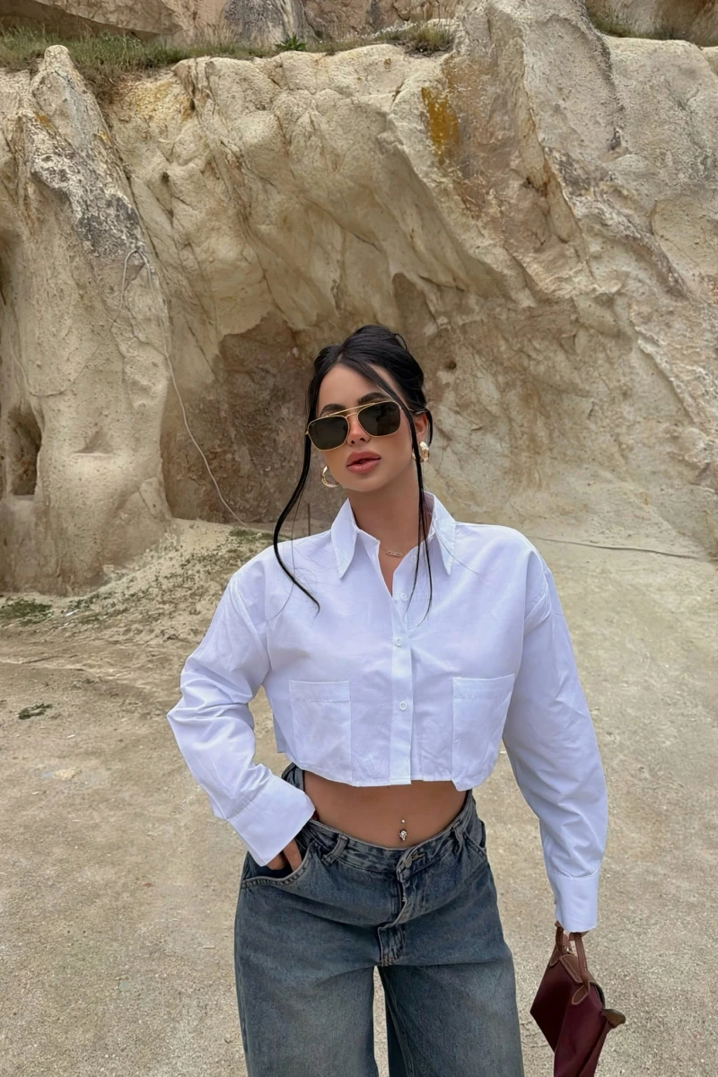 Beyaz Çift Cepli Poplin Gömlek