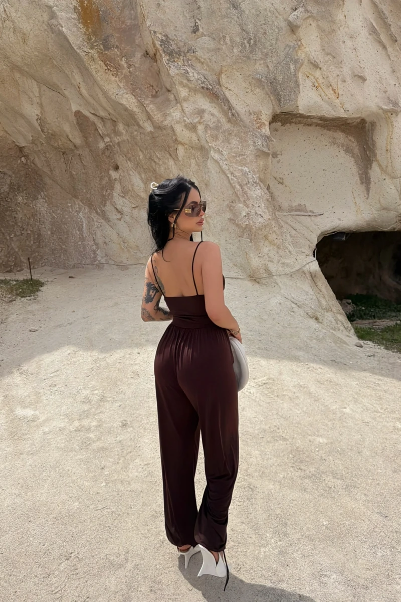 Kahve Luxe Drapeli Askılı Tulum