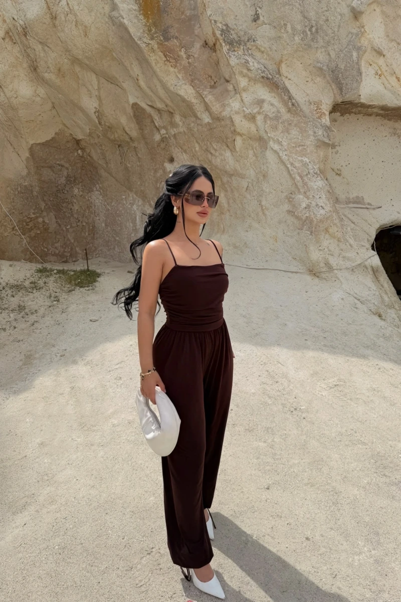 Kahve Luxe Drapeli Askılı Tulum