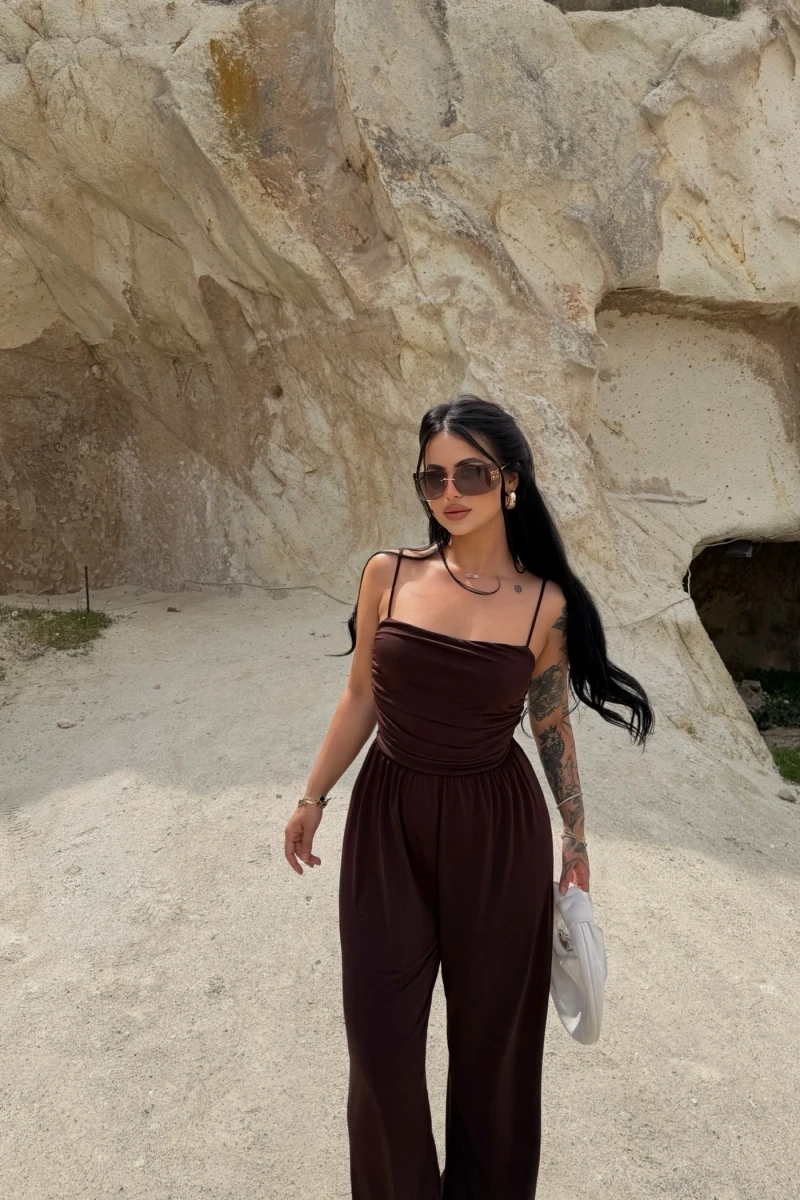 Kahve Luxe Drapeli Askılı Tulum