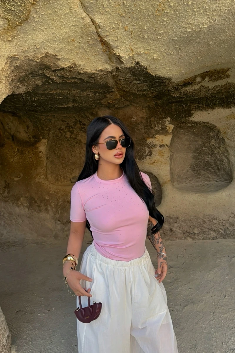 Pembe Glam Basic Taşlı Crop
