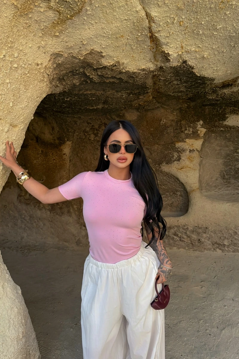 Pembe Glam Basic Taşlı Crop