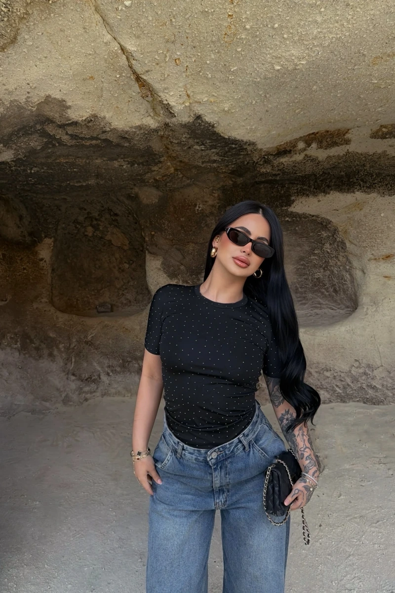 Siyah Glam Basic Taşlı Crop