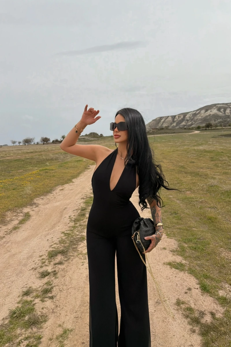 Siyah Amber Boyundan Geçmeli Tulum