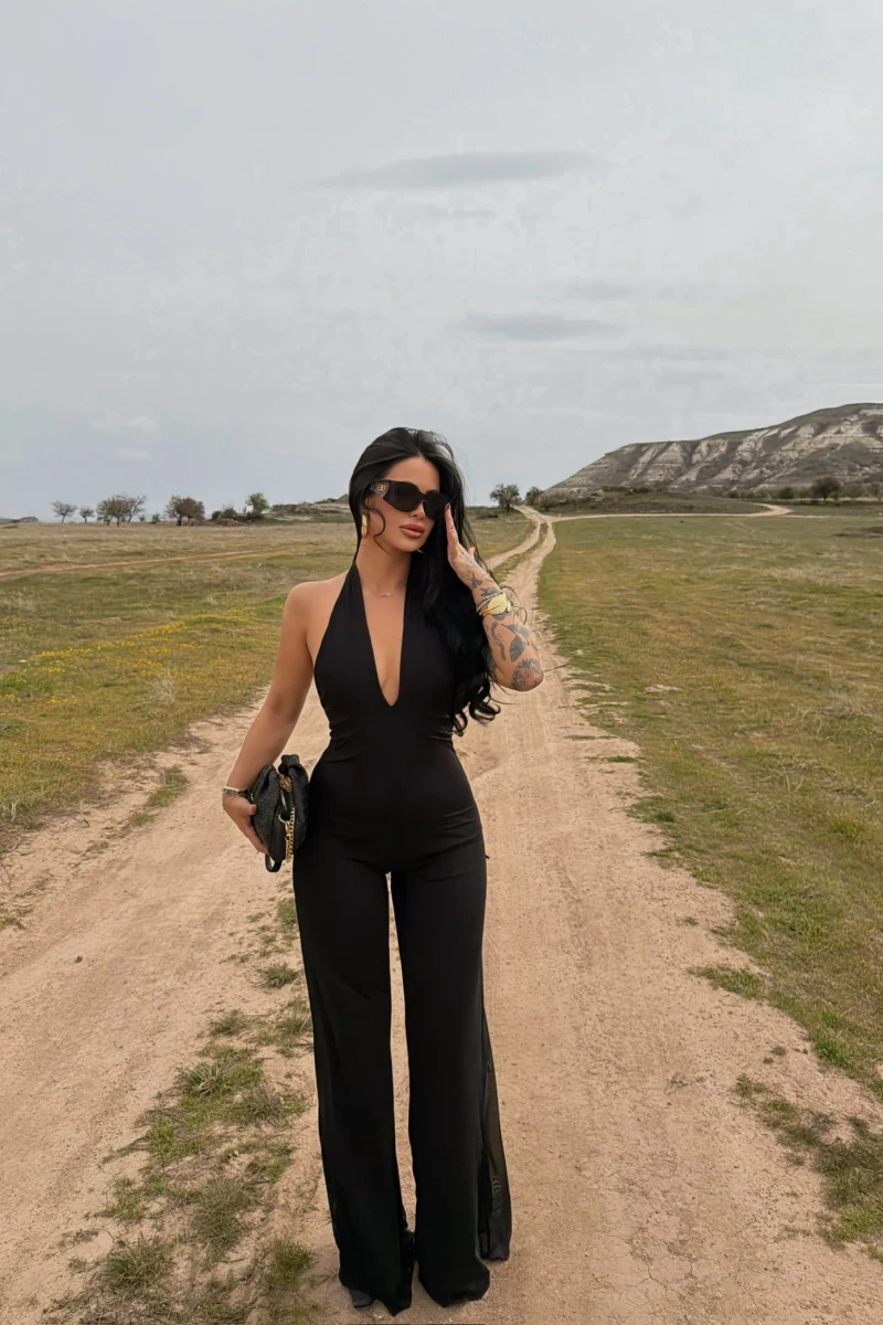 Siyah Amber Boyundan Geçmeli Tulum