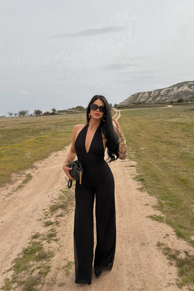 Siyah Amber Boyundan Geçmeli Tulum